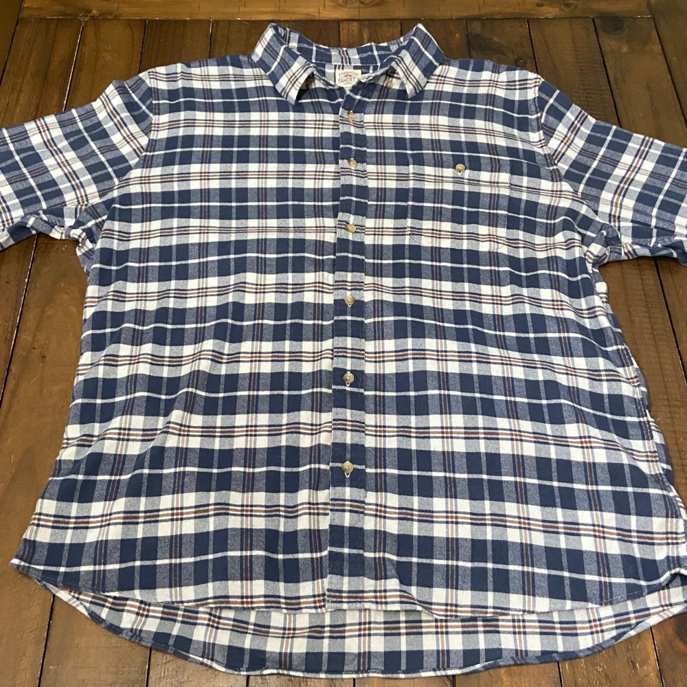 Faherty Brand Mens XXL Navy Blue White Plaid Flannel Button Down Shirt